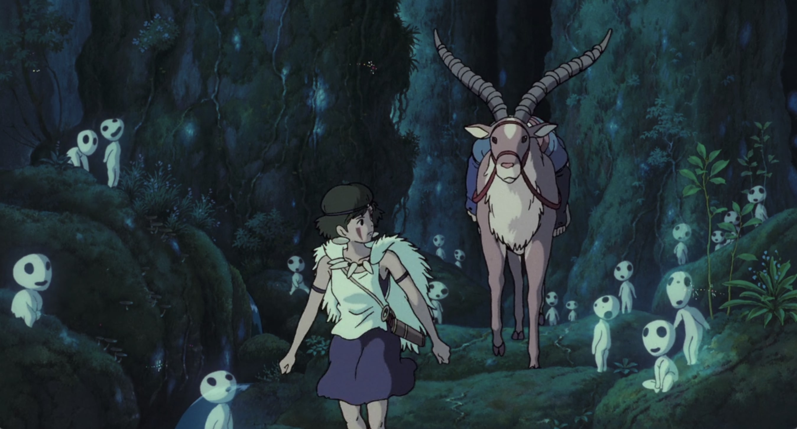 a screenshot from from the film princess mononoke where yakul is following san through the forest of the gods carrying an unconscious ashitaka on his back while forest spirits look on
